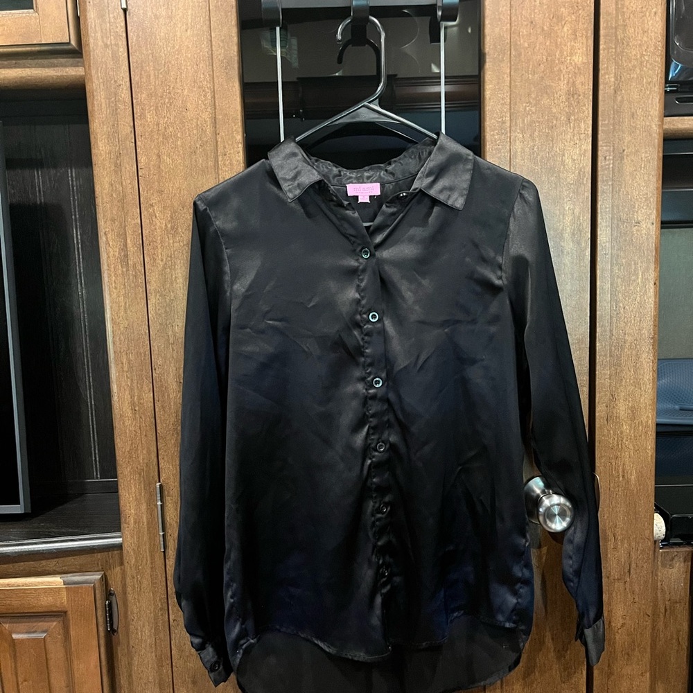 Francesca's Collections Black Satin Button Down Shirt